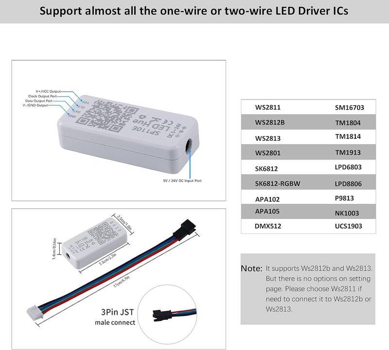 RECRE-TECH Sp110 Led Hue Ws2812b Controller, 4-Pack Sp110e LED Bluetooth Ws2811 Controller 5-24V, iOS/Android App Wireless Remote Control for WS2812 SK6812 SK6812RGBW RGB Strip Lights - Image 2